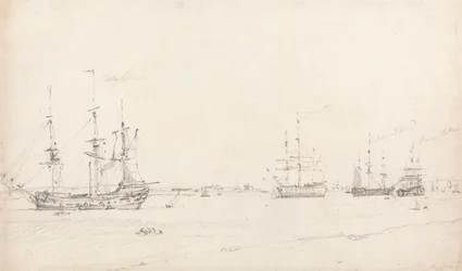 Vier Ostindienfahrer vor Anker